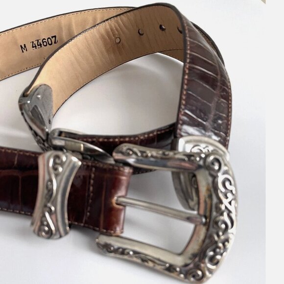 BRIGHTON Brown Pressed croc Leather belt with Silver hardware Size M - Picture 3 of 16